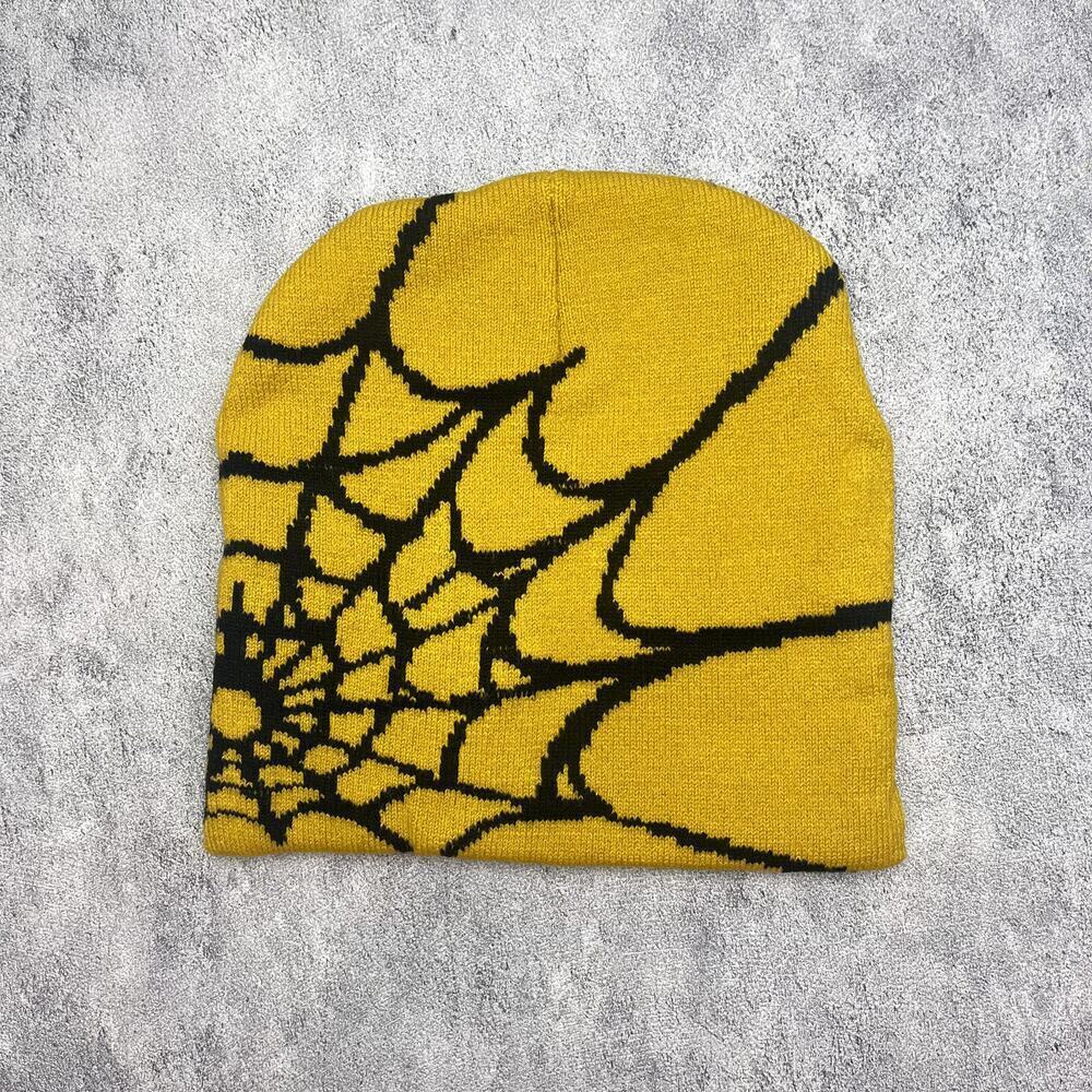 y2k 2000s mustard yellow & black grunge gothic spiderweb beanie